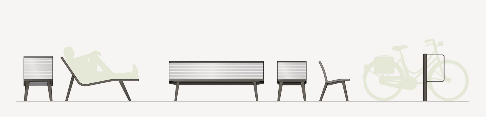 Mobiliers coordonnés a la Chaise longue Michigan aluminium conçu et fabriqué par Aréa mobilier urbain