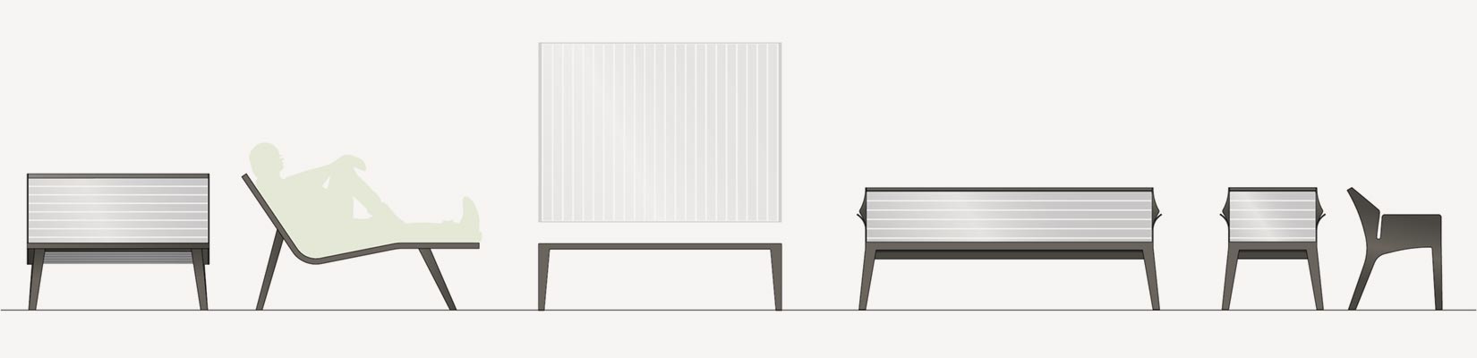 Mobiliers coordonnés a la Grande chaise longue Michigan aluminium conçu et fabriqué par Aréa mobilier urbain