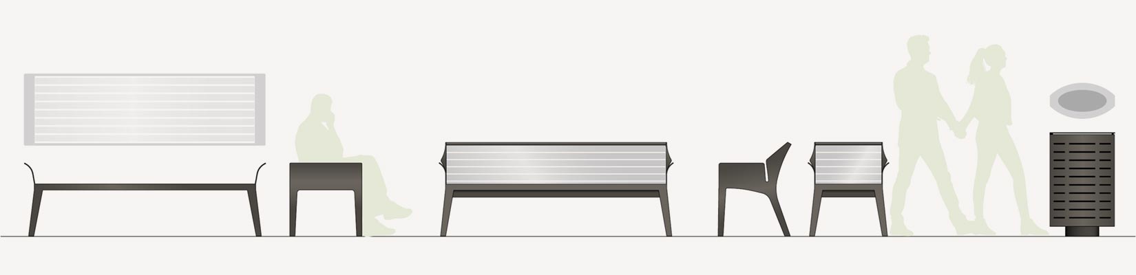 Mobiliers coordonnés au Banc simple Ontario aluminium conçu et fabriqué par Aréa mobilier urbain