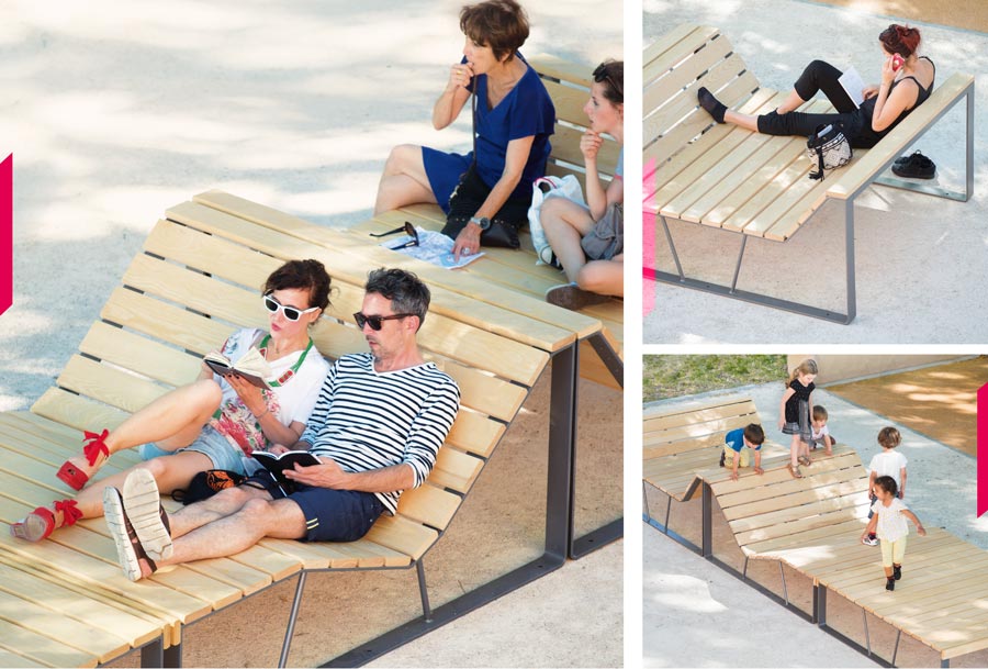 Gamme de trois modules de mobiliers urbains en acier et bois: divan, chaise longue et banc simple Atlantique
