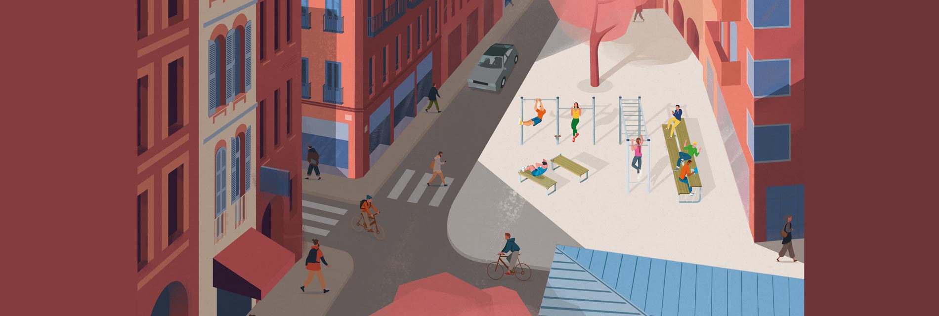 Illustration par Sébastien Gravouil de la gamme d’agrées de fitness Oxygène conçue et fabriquée par Aréa mobilier urbain